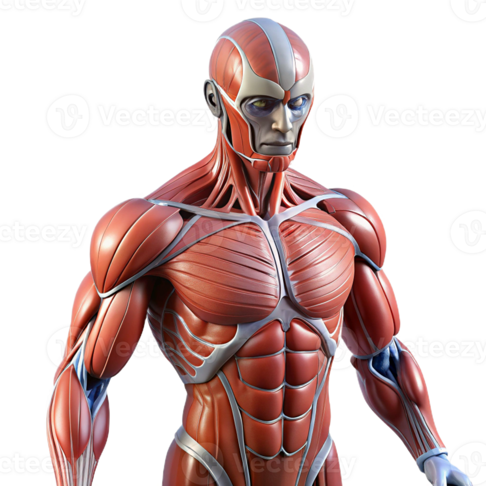 wonderful creative Human muscular system augmented with artificial fibers and actuators, exhibiting a rippling, dynamic texture, in a biopunk style premium png