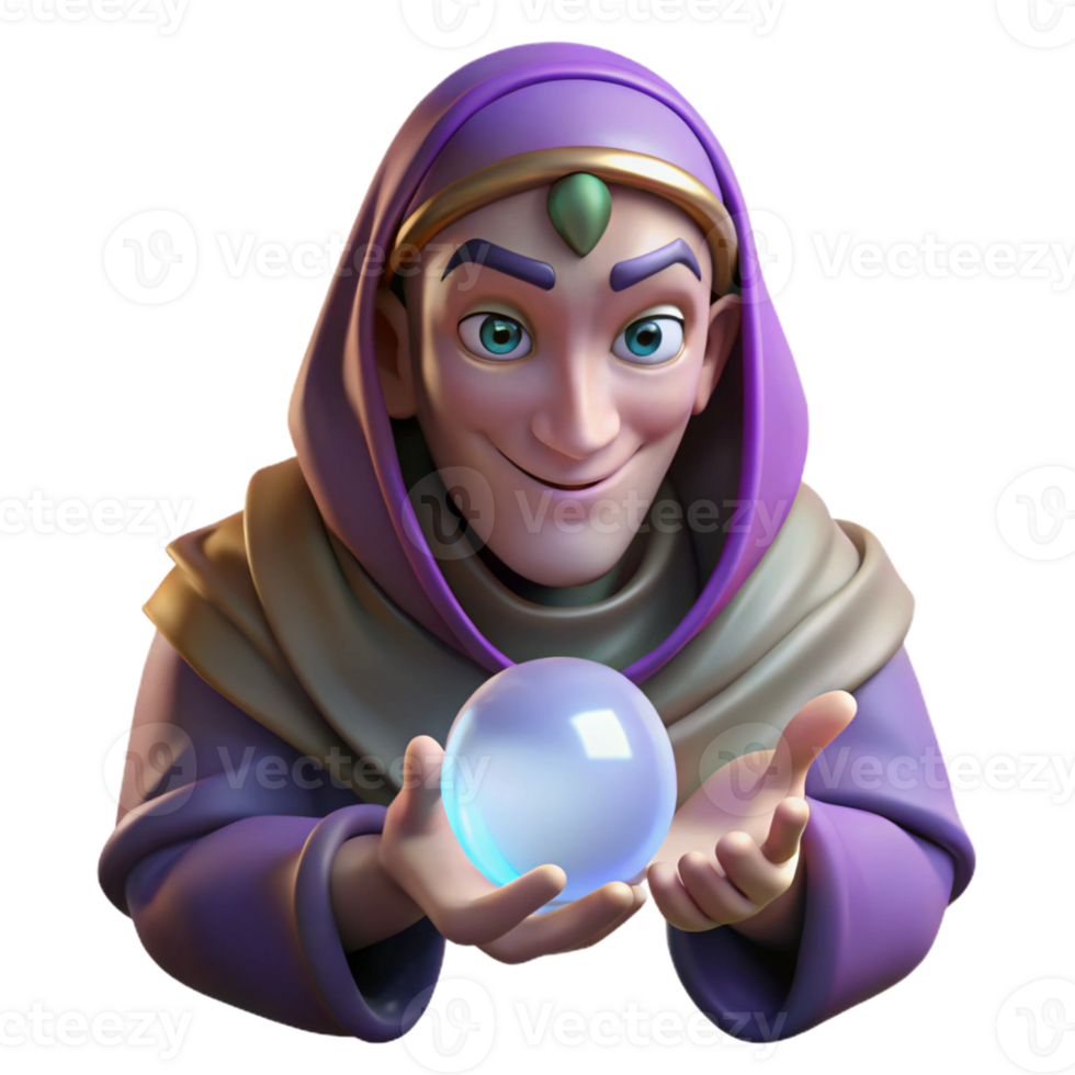 stunning classic Portrait of a mysterious fortune teller with draped clothing and a cryptic smile, illuminated by the glow of a crystal ball, in a dark fantasy style 4K png