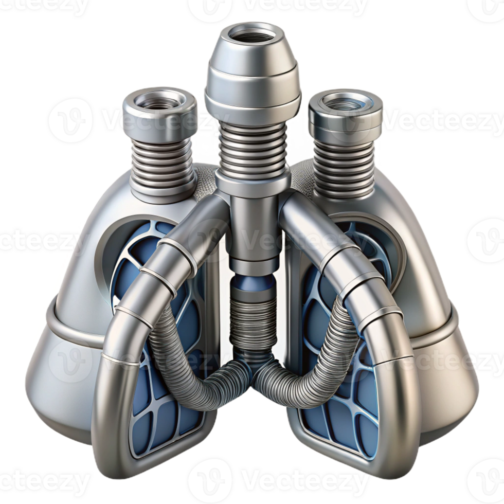 wonderful abstract Biomechanical respiratory system with integrated bellows and vents, crafted from brushed aluminum, in a cyberpunk aesthetic high resolution png