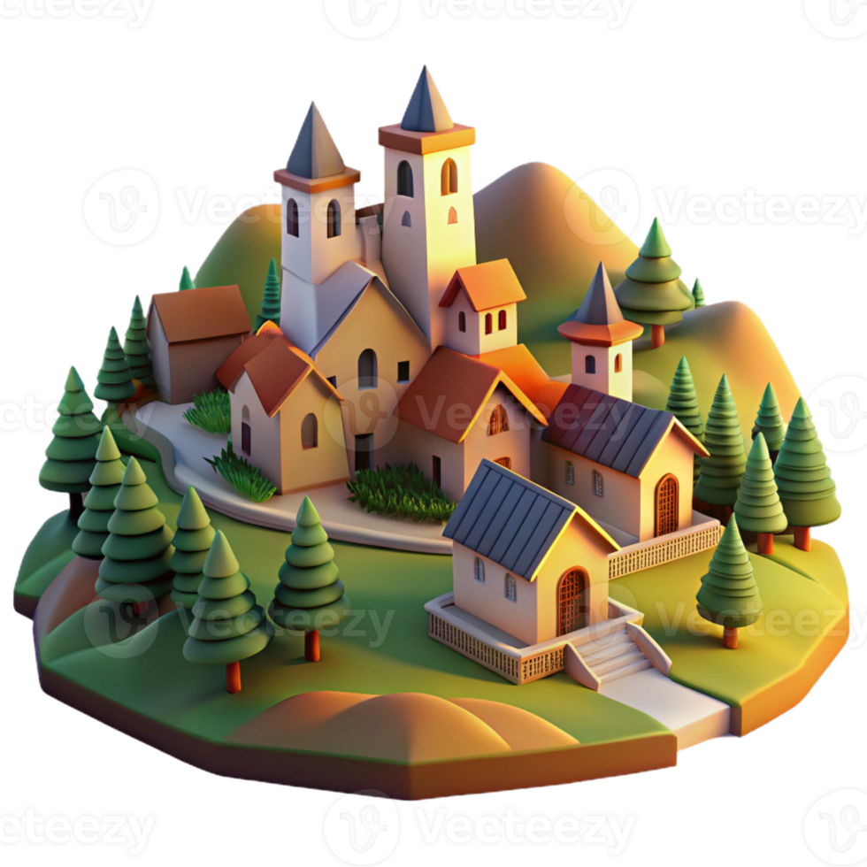 impressive contemporary A medieval village nestled in a peaceful valley, surrounded by rolling hills and farmland, bathed in the warm glow of a setting sun, in a pastoral landscape style genuine png