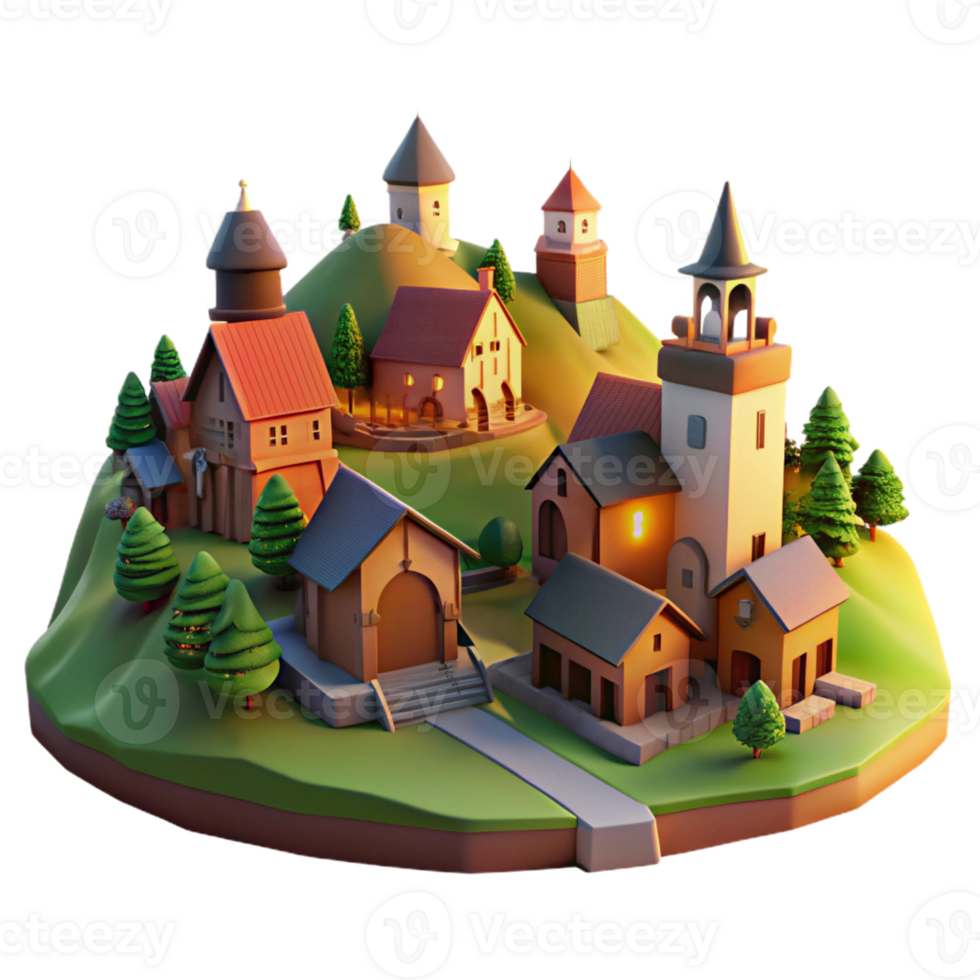 dramatic contemporary A medieval village nestled in a peaceful valley, surrounded by rolling hills and farmland, bathed in the warm glow of a setting sun, in a pastoral landscape style detailed png