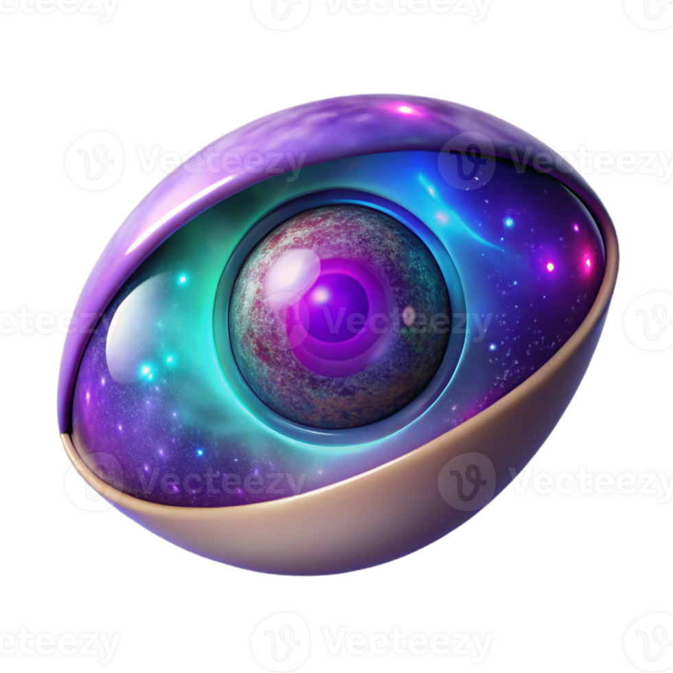 elegant creative A solitary human eye floating in a swirling nebula of iridescent purple and teal, reflecting a distant dying star, lit by soft ethereal glow, Art Nouveau style exclusive png