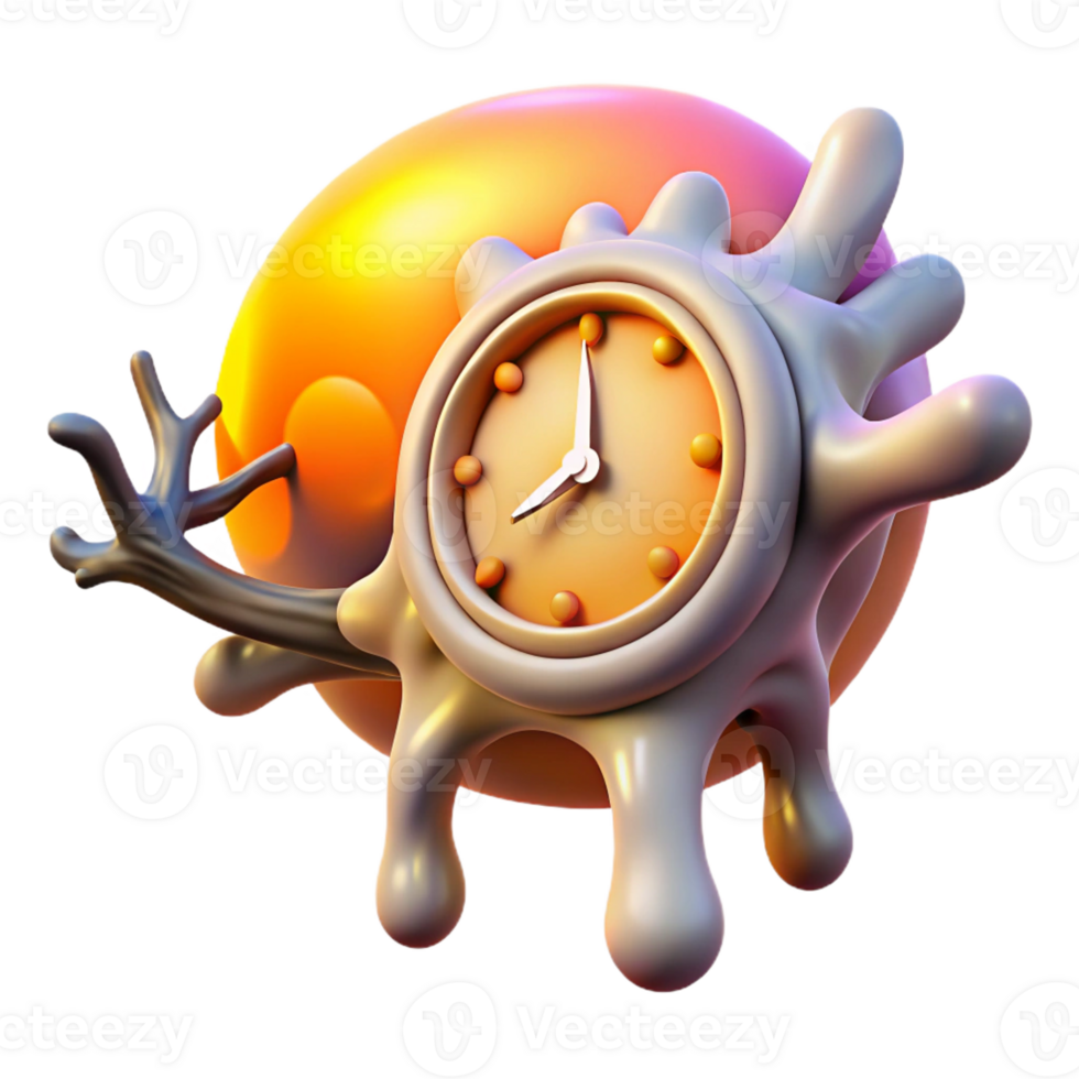 dramatic abstract A melting clock draped over a branch made of interconnected human bones, set against a vibrant orange and pink gradient, lit by a hidden light source, Dali-esque style 4K png