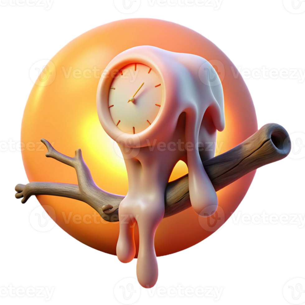 stunning artistic A melting clock draped over a branch made of interconnected human bones, set against a vibrant orange and pink gradient, lit by a hidden light source, Dali-esque style high quality png