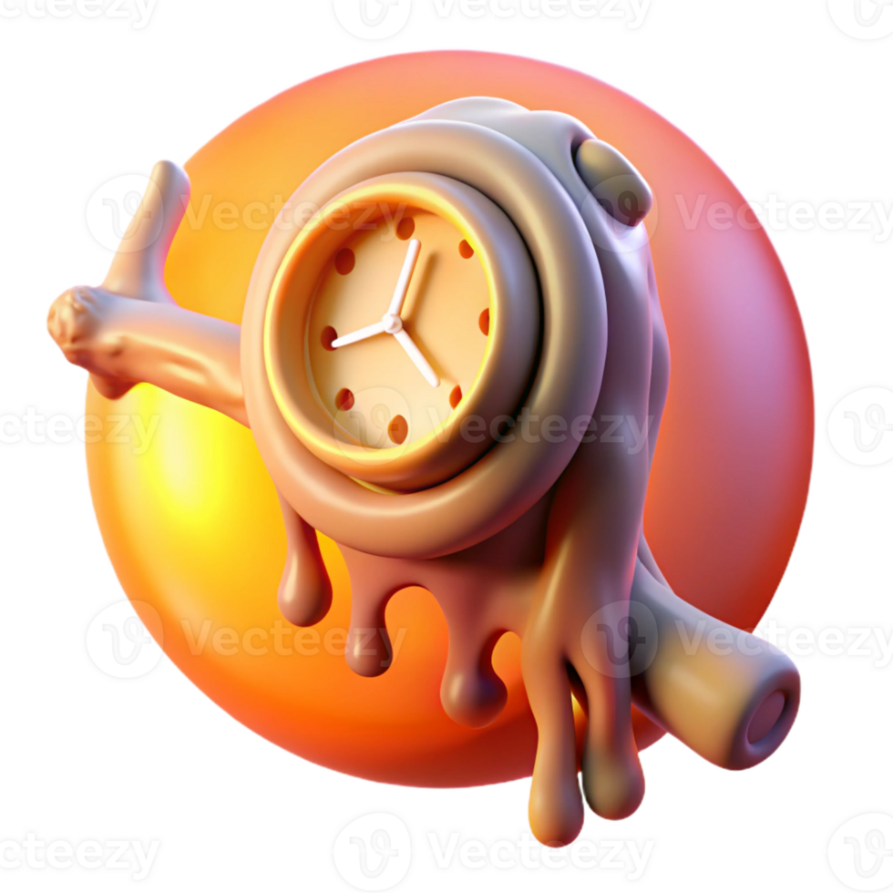 beautiful modern A melting clock draped over a branch made of interconnected human bones, set against a vibrant orange and pink gradient, lit by a hidden light source, Dali-esque style 4K png
