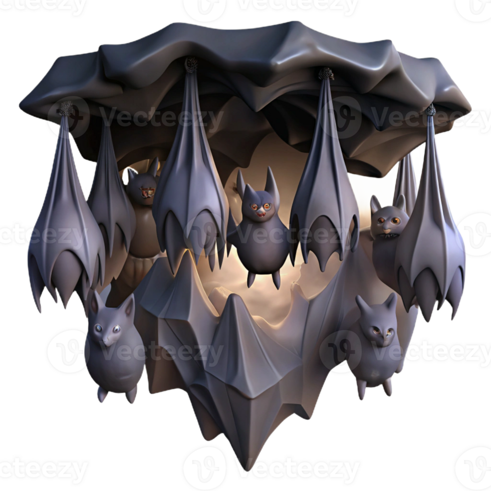 impressive contemporary A colony of bats hanging upside down in a cave, depicted in a dark, gothic style with dramatic shadows authentic png