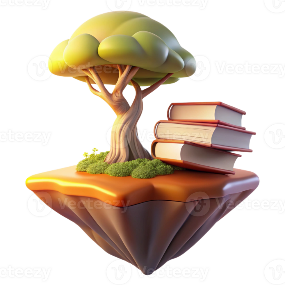 stunning artistic A floating island composed of stacked books, with a single tree growing from the top and roots dangling below, lit by a soft golden sunset, Fantasy style genuine png