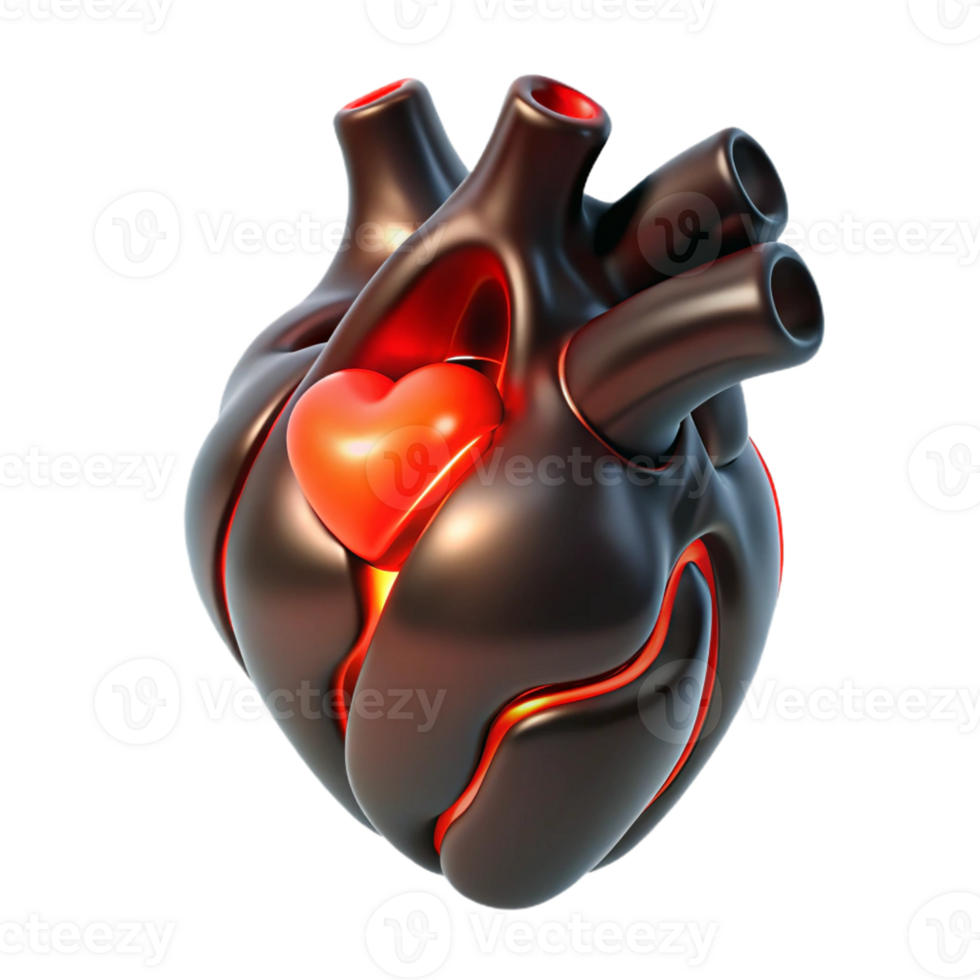 stunning creative A human heart made of polished obsidian beating rhythmically, emitting pulsating red light, lit by its own internal glow, Dark Surrealism style exclusive png
