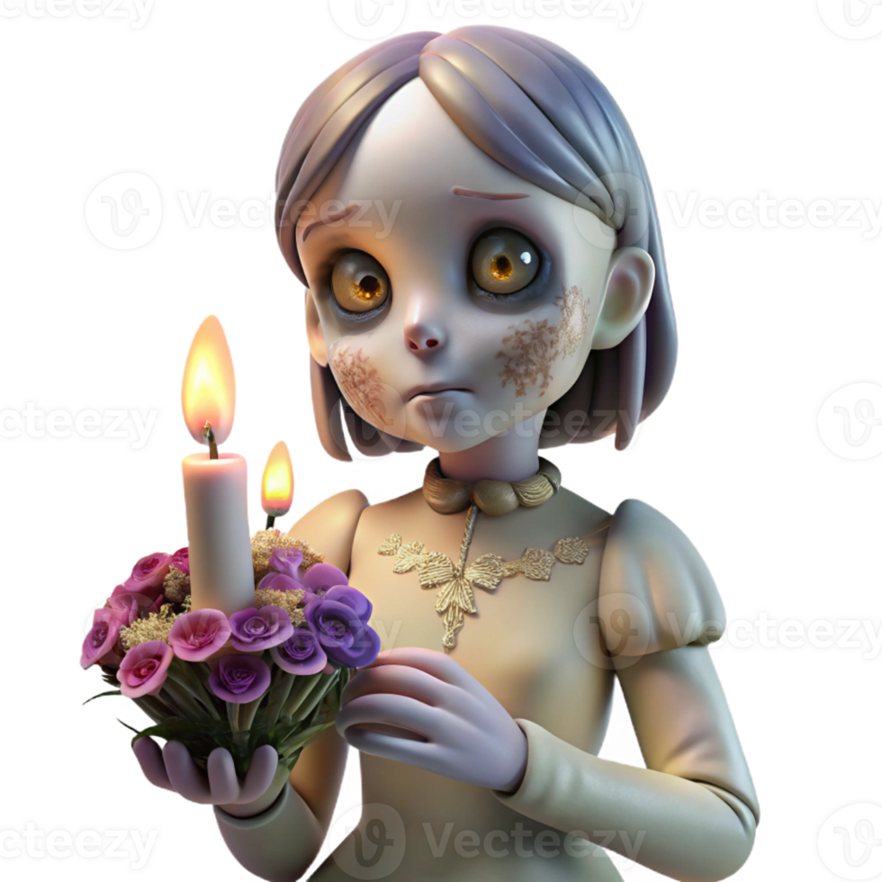 elegant vintage A porcelain doll with cracked skin and glowing eyes holding a bouquet of wilting flowers, lit by a single flickering candle, Gothic style premium png