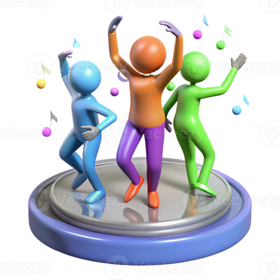 dramatic modern A group of human figures with elongated limbs dancing in a zero-gravity environment filled with floating musical notes, lit by multicolored stage lights, Abstract style genuine png