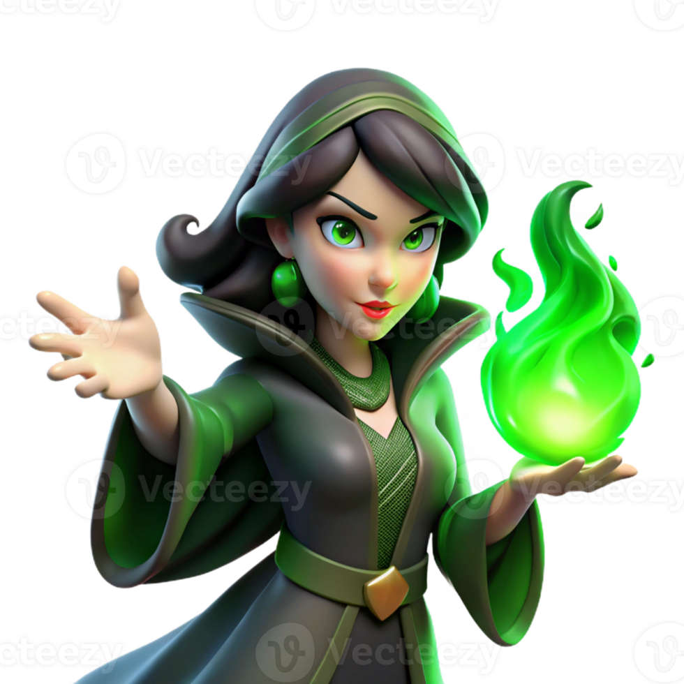 wonderful vintage A powerful sorceress with raven black hair and crimson eyes, casting a spell of swirling green energy, illuminated by the flickering light of candles. Art Deco style high resolution png