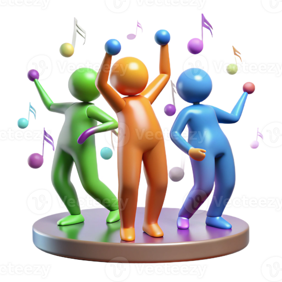 wonderful traditional A group of human figures with elongated limbs dancing in a zero-gravity environment filled with floating musical notes, lit by multicolored stage lights, Abstract style 4K png