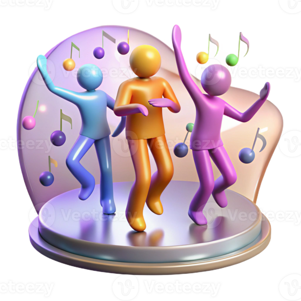 impressive contemporary A group of human figures with elongated limbs dancing in a zero-gravity environment filled with floating musical notes, lit by multicolored stage lights, Abstract style genuine png