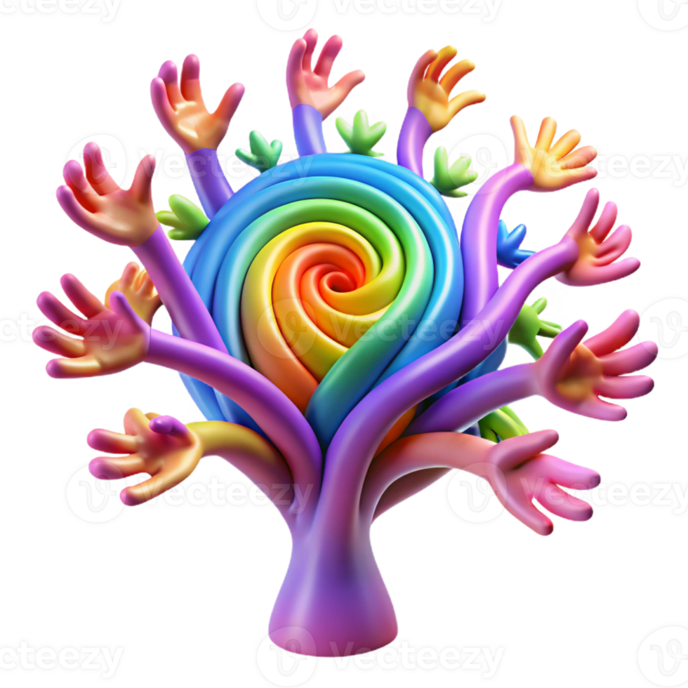 wonderful minimalist A tree with branches made of human arms reaching for a swirling vortex of vibrant colors, lit by the vortex's radiant energy, Psychedelic style premium png