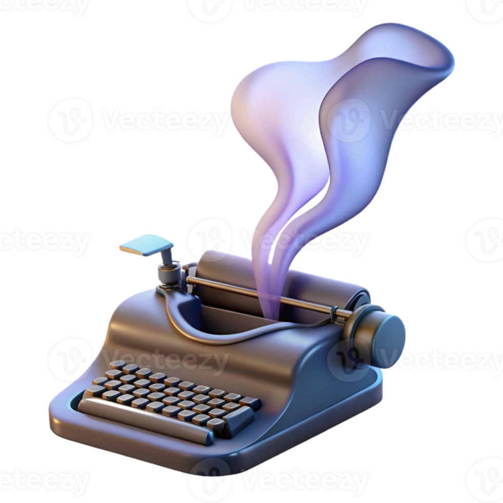 elegant modern A levitating typewriter typing out a stream of consciousness onto a ribbon of smoke, lit by a desk lamp casting long shadows, Surrealist Photography style high quality png