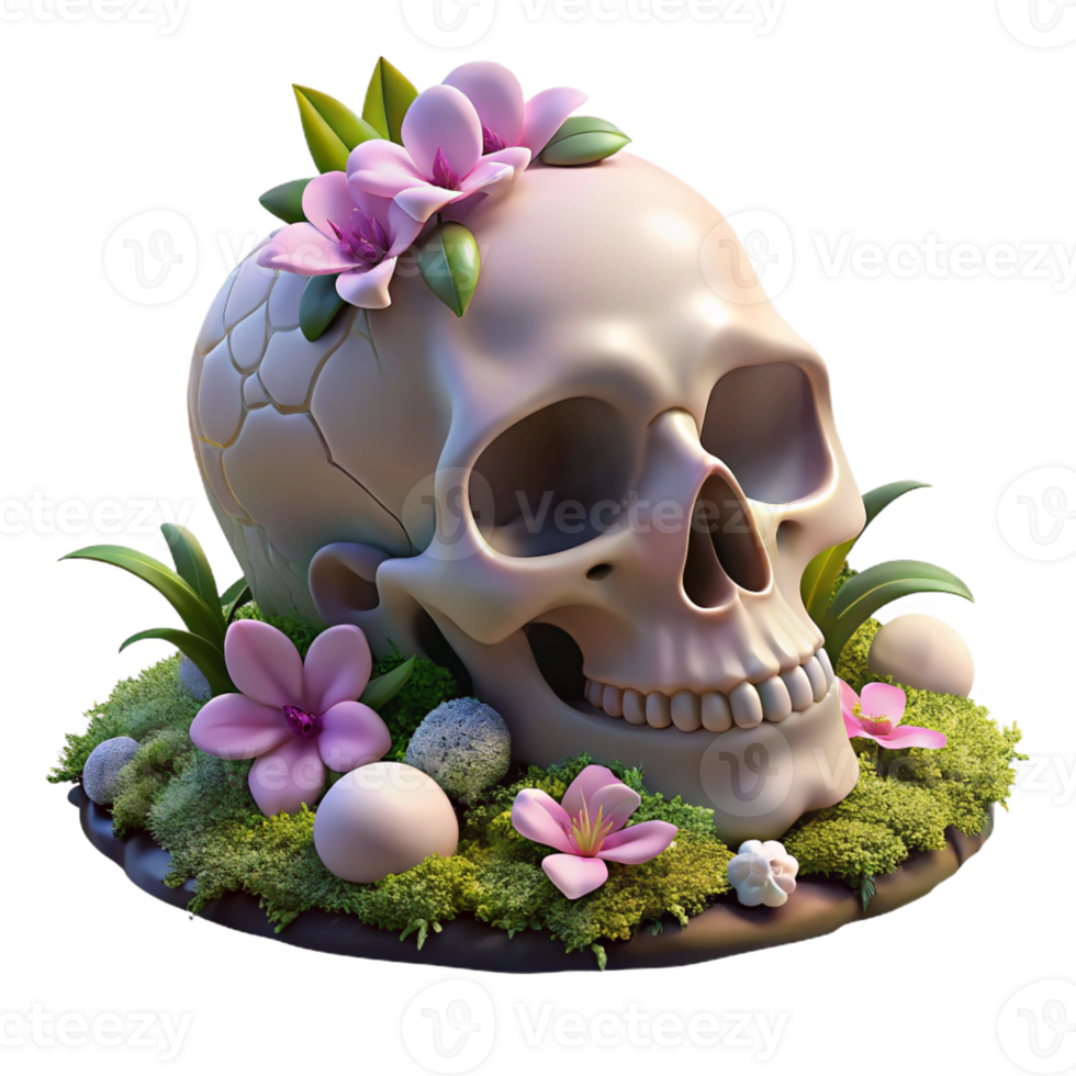 extraordinary abstract A human skull filled with blossoming flowers, resting on a bed of moss and decaying leaves, lit by dappled sunlight filtering through forest canopy, Vanitas style professional png