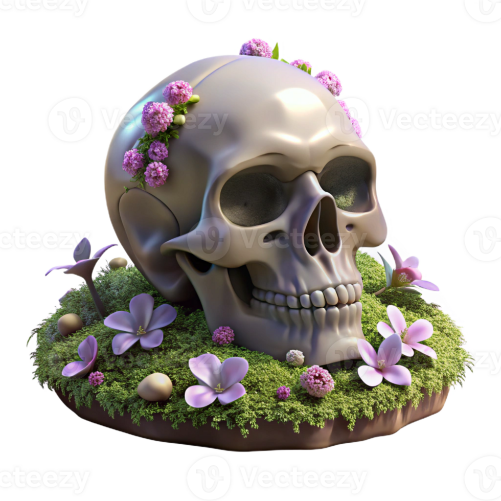 vibrant traditional A human skull filled with blossoming flowers, resting on a bed of moss and decaying leaves, lit by dappled sunlight filtering through forest canopy, Vanitas style exclusive png