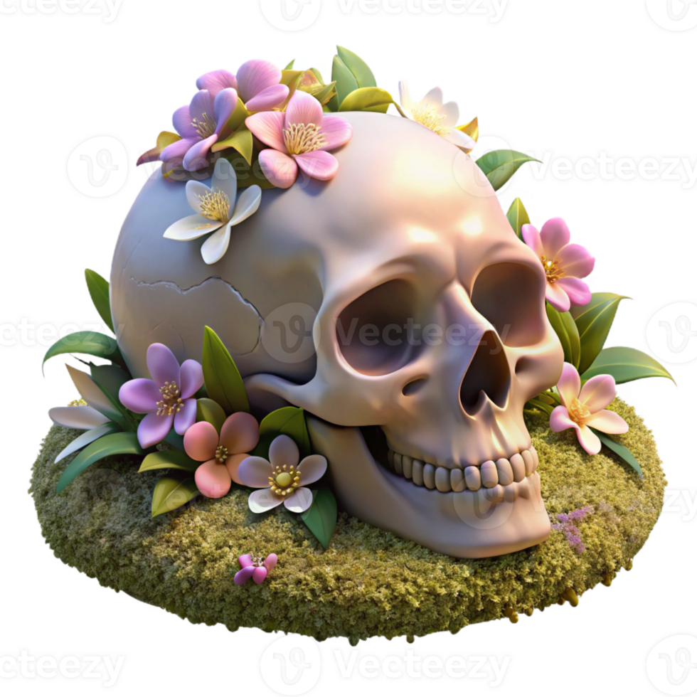 serene minimalist A human skull filled with blossoming flowers, resting on a bed of moss and decaying leaves, lit by dappled sunlight filtering through forest canopy, Vanitas style detailed png