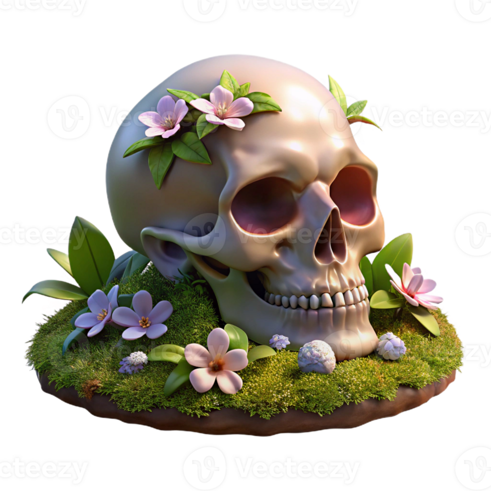 elegant classic A human skull filled with blossoming flowers, resting on a bed of moss and decaying leaves, lit by dappled sunlight filtering through forest canopy, Vanitas style original png