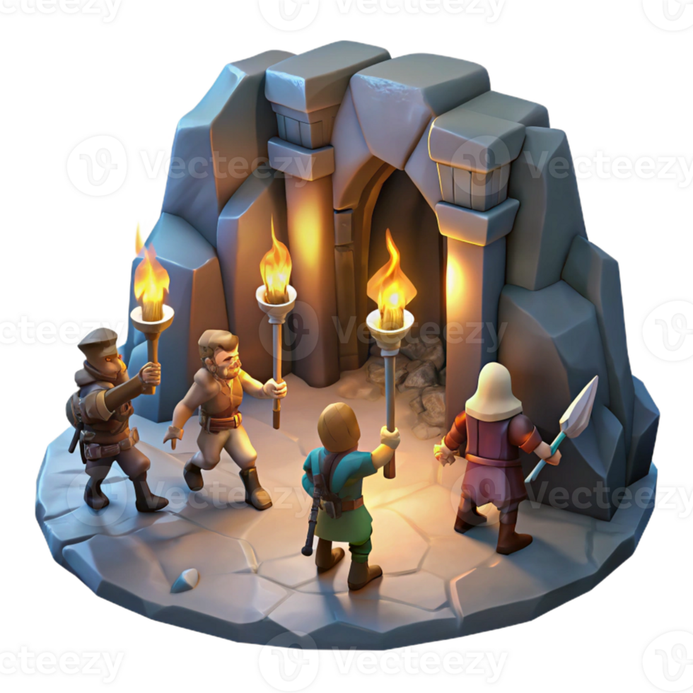 wonderful creative A group of brave adventurers exploring a dark, cavernous dungeon, illuminated by the flickering light of their torches. Classic fantasy art style premium png