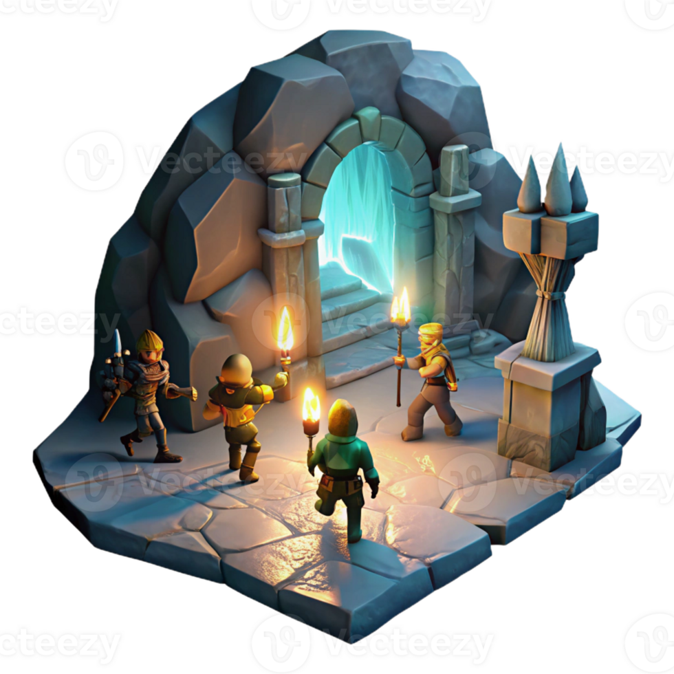 elegant classic A group of brave adventurers exploring a dark, cavernous dungeon, illuminated by the flickering light of their torches. Classic fantasy art style premium png