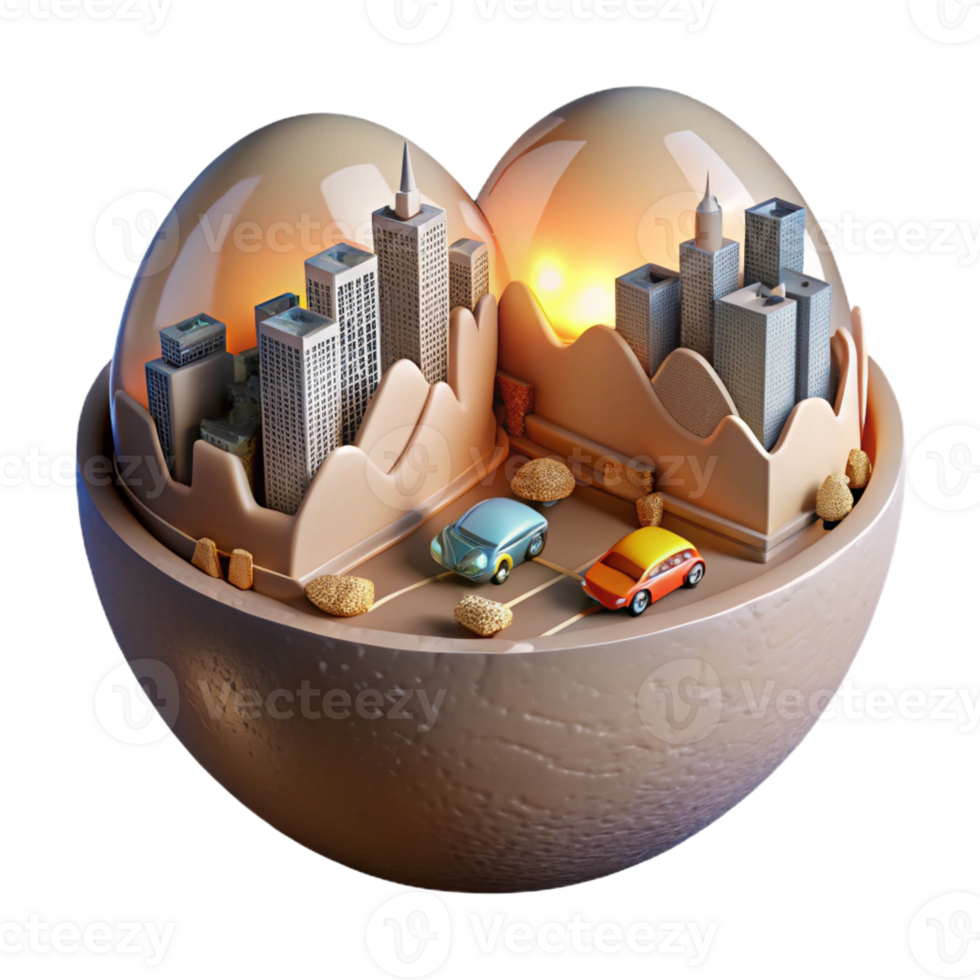 wonderful contemporary A cracked eggshell revealing a miniature cityscape inside, with tiny cars driving along its streets, lit by miniature streetlights, Miniature Art style 4K png