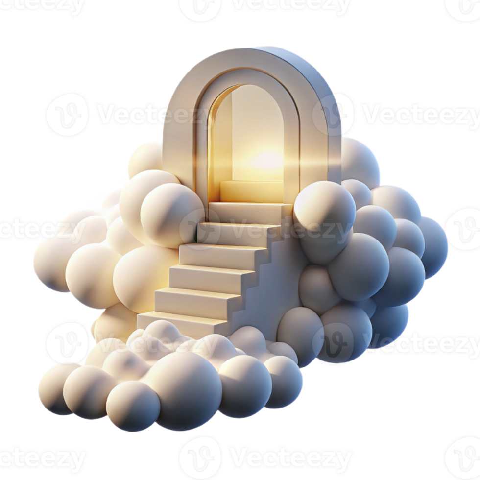 beautiful rustic A staircase leading to a doorway in the sky, surrounded by fluffy white clouds, lit by a bright, heavenly light, Visionary Art style genuine png