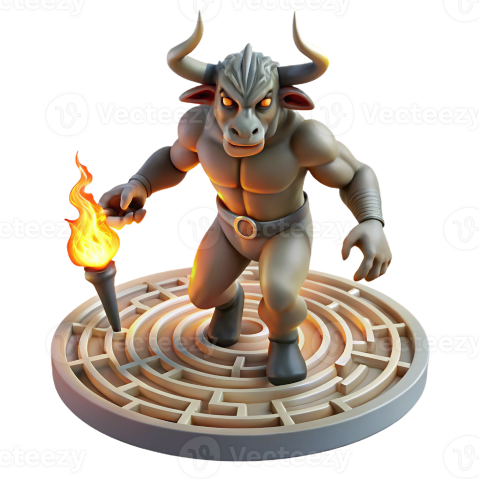 dramatic artistic A fearsome minotaur with the head of a bull and the body of a man, charging through a labyrinth, illuminated by flickering torches. Greek mythology-inspired art style detailed png