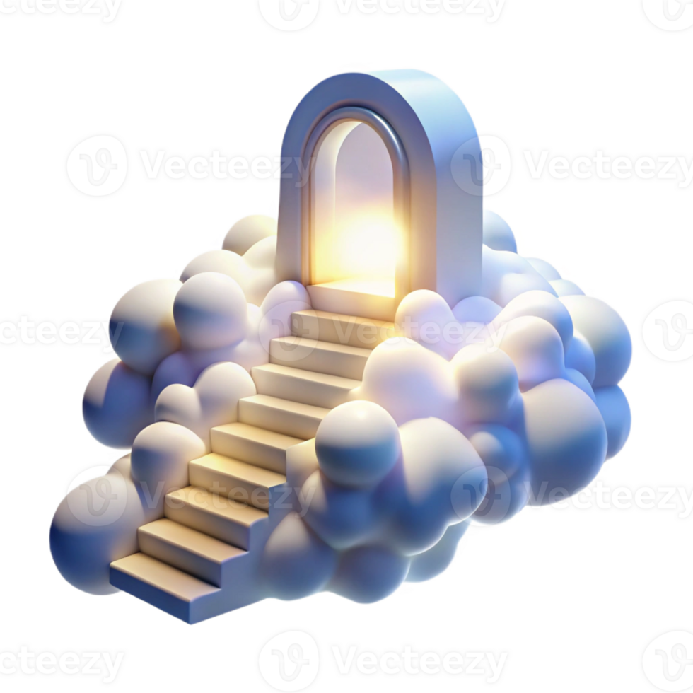 serene rustic A staircase leading to a doorway in the sky, surrounded by fluffy white clouds, lit by a bright, heavenly light, Visionary Art style high resolution png