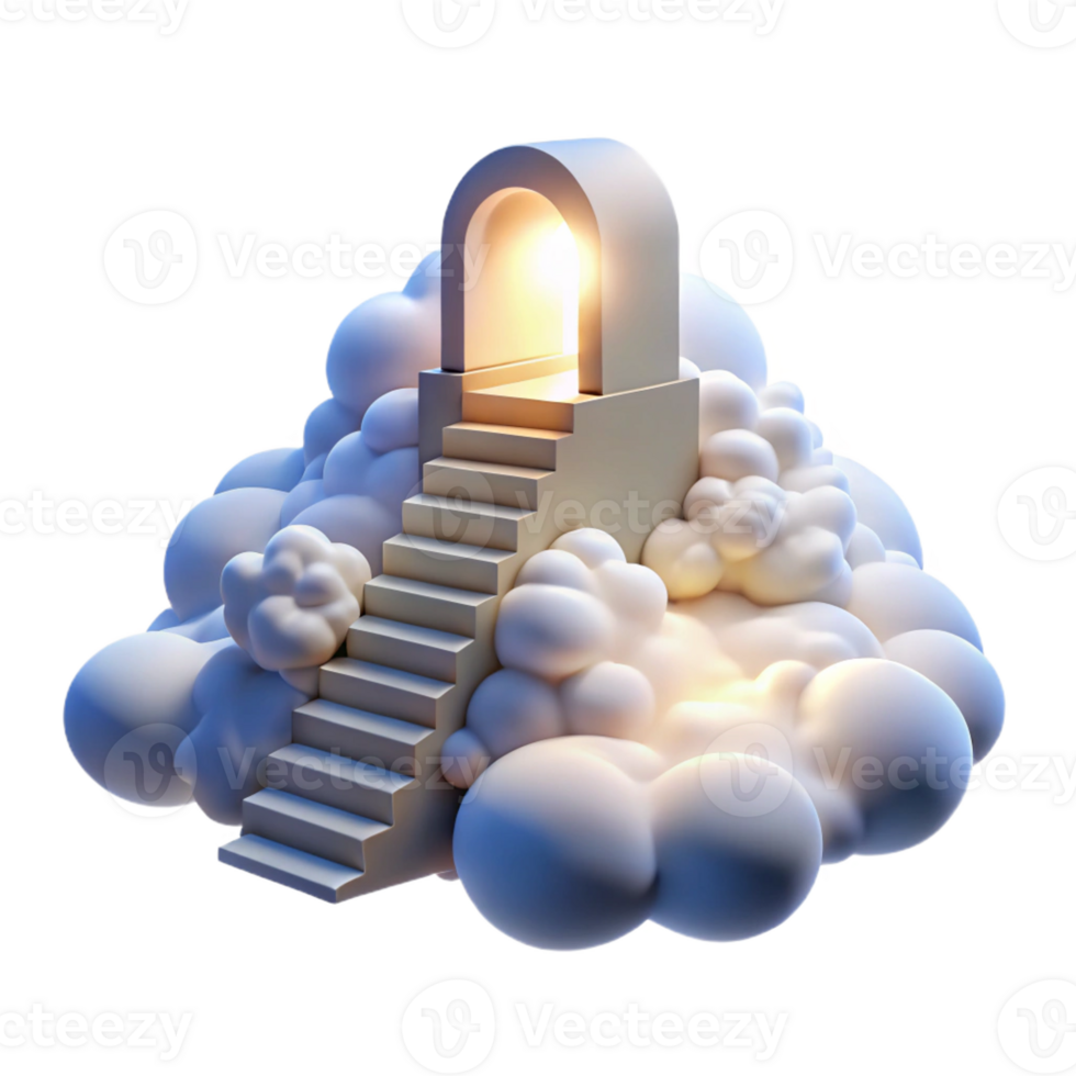 elegant contemporary A staircase leading to a doorway in the sky, surrounded by fluffy white clouds, lit by a bright, heavenly light, Visionary Art style professional png