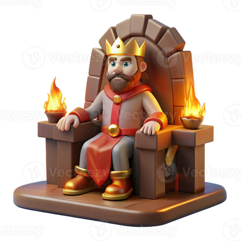 extraordinary abstract A regal king sitting on a throne of carved stone, wearing a crown of gold and jewels, illuminated by the warm glow of a fireplace. Medieval fantasy art style premium png
