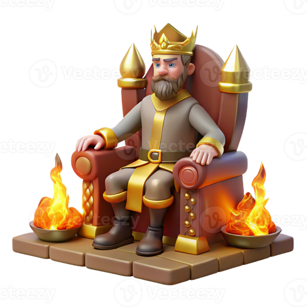 vibrant contemporary A regal king sitting on a throne of carved stone, wearing a crown of gold and jewels, illuminated by the warm glow of a fireplace. Medieval fantasy art style genuine png