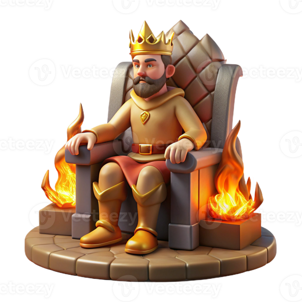 magnificent contemporary A regal king sitting on a throne of carved stone, wearing a crown of gold and jewels, illuminated by the warm glow of a fireplace. Medieval fantasy art style 4K png