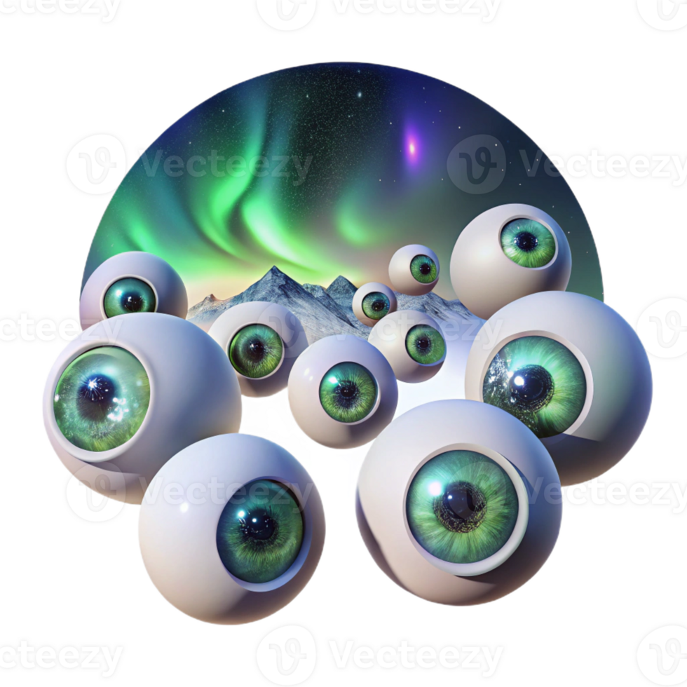 wonderful artistic A field of floating human eyes gazing upwards, lit by a celestial aurora borealis, Digital Art style professional png