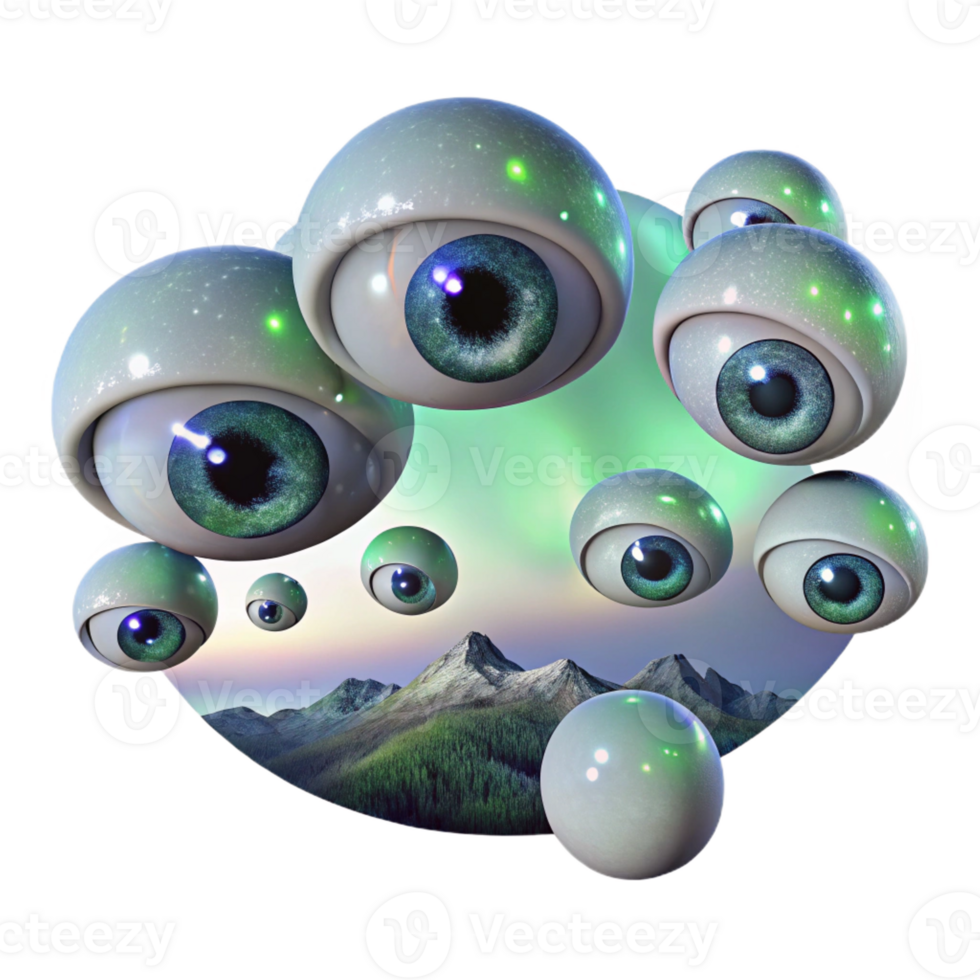 magnificent classic A field of floating human eyes gazing upwards, lit by a celestial aurora borealis, Digital Art style premium png