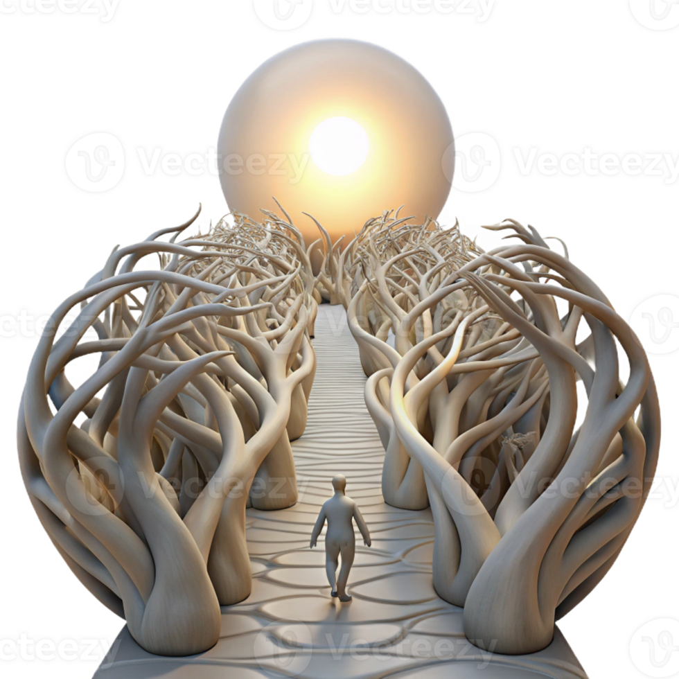 impressive artistic A lone figure walking on a path made of intertwined tree roots, leading towards a glowing orb in the distance, lit by the orb's ethereal light, Fantasy Art style 4K png