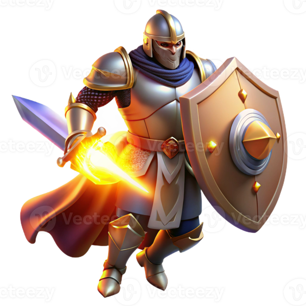 magnificent vintage A powerful knight in shining armor, wielding a sword and shield, illuminated by the dramatic light of a battlefield. Medieval fantasy art style premium png