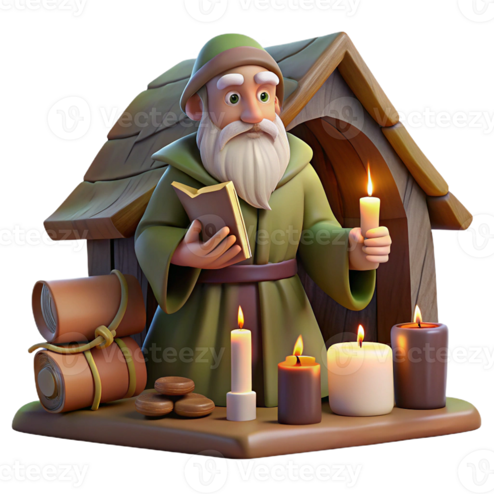 extraordinary contemporary A wise old hermit living in a secluded forest hut, surrounded by books and scrolls, illuminated by the warm glow of a candle. Classic fantasy art style authentic png