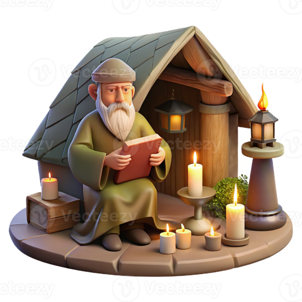 elegant minimalist A wise old hermit living in a secluded forest hut, surrounded by books and scrolls, illuminated by the warm glow of a candle. Classic fantasy art style 4K png