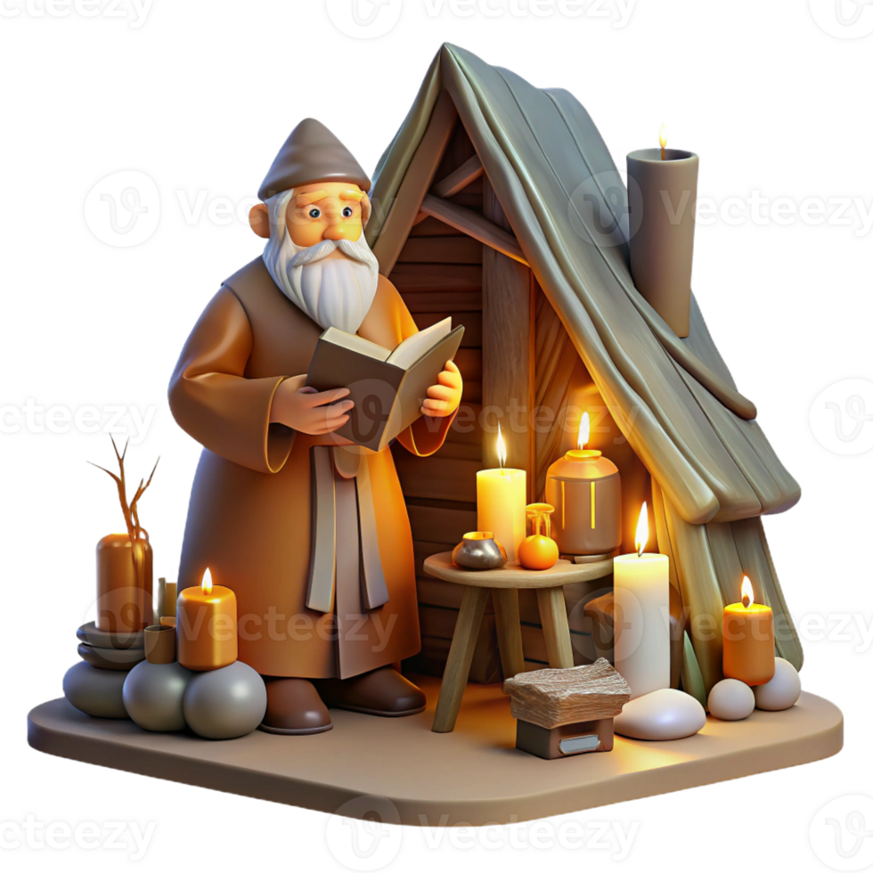 extraordinary rustic A wise old hermit living in a secluded forest hut, surrounded by books and scrolls, illuminated by the warm glow of a candle. Classic fantasy art style high resolution png