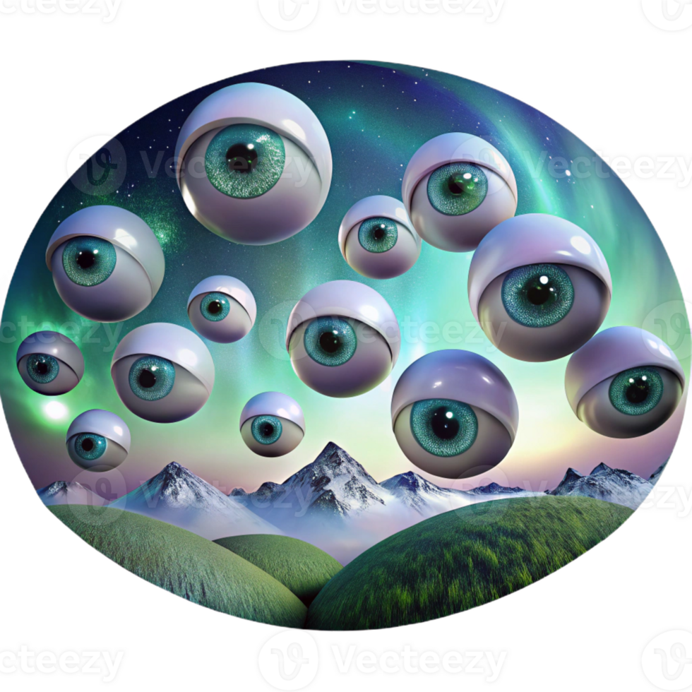 dramatic creative A field of floating human eyes gazing upwards, lit by a celestial aurora borealis, Digital Art style premium png