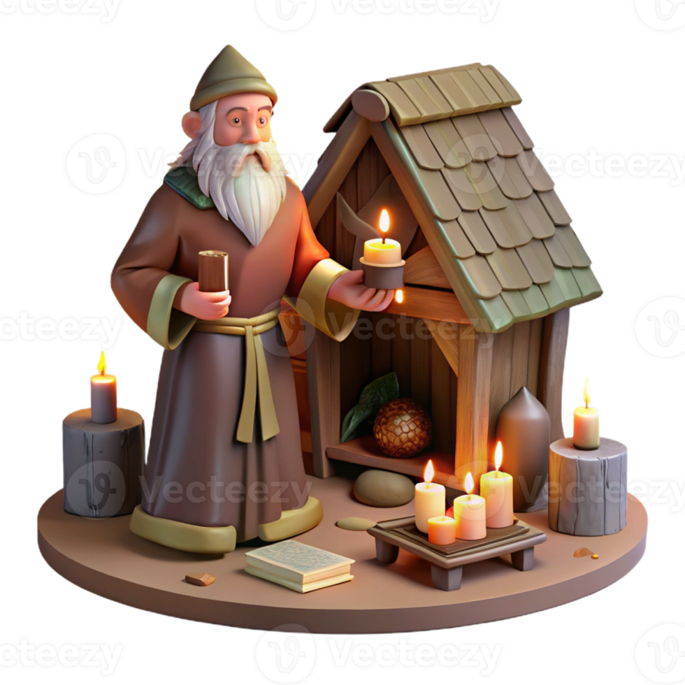 magnificent abstract A wise old hermit living in a secluded forest hut, surrounded by books and scrolls, illuminated by the warm glow of a candle. Classic fantasy art style high resolution png