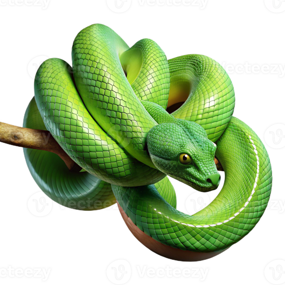 dramatic artistic A slithering green tree python coiled around a branch, scales glistening in the dappled jungle light, in a detailed, nature documentary style 4K png