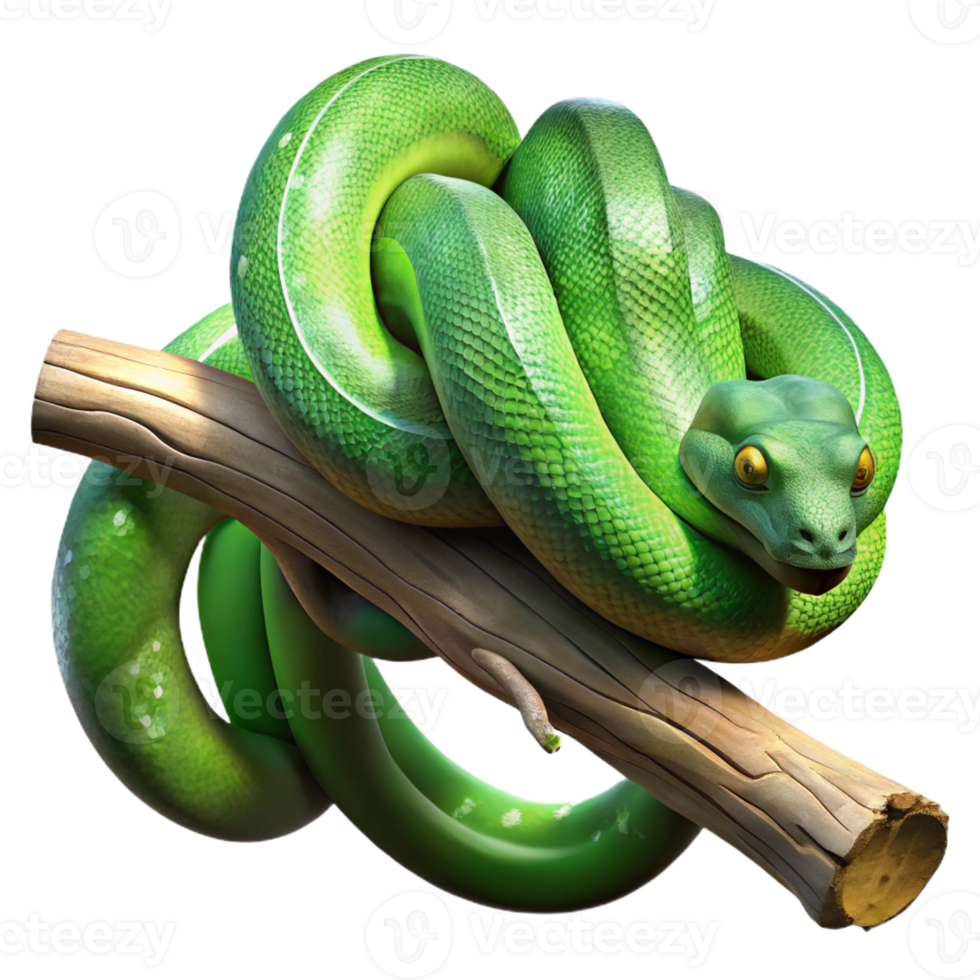wonderful classic A slithering green tree python coiled around a branch, scales glistening in the dappled jungle light, in a detailed, nature documentary style original png