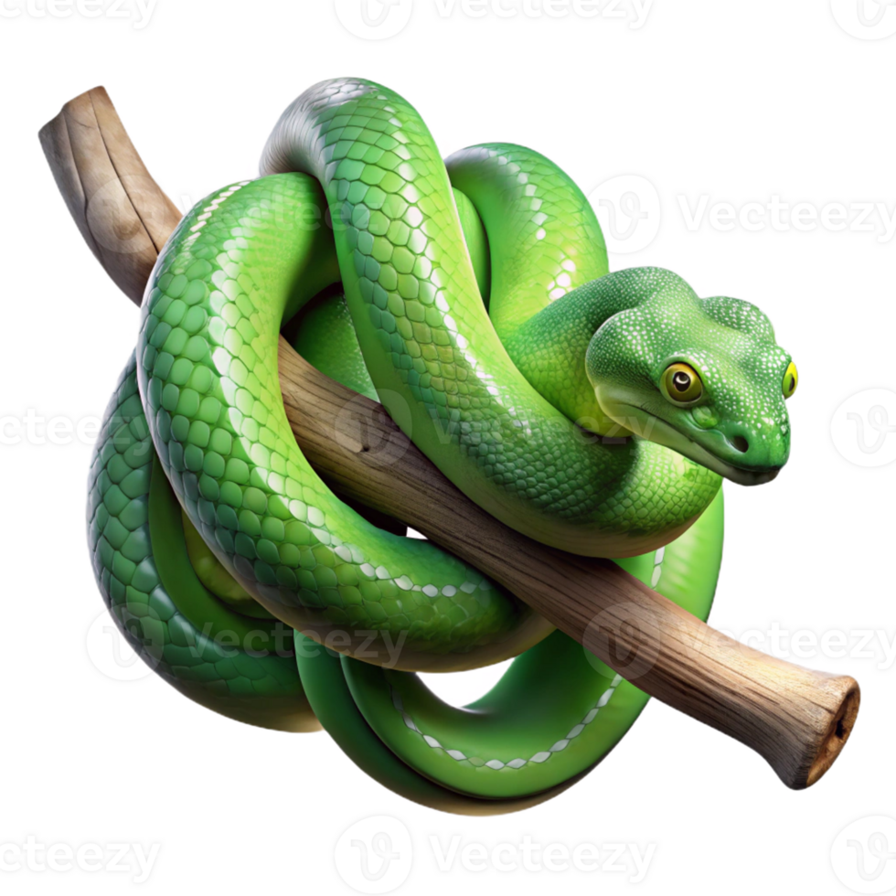 elegant modern A slithering green tree python coiled around a branch, scales glistening in the dappled jungle light, in a detailed, nature documentary style exclusive png