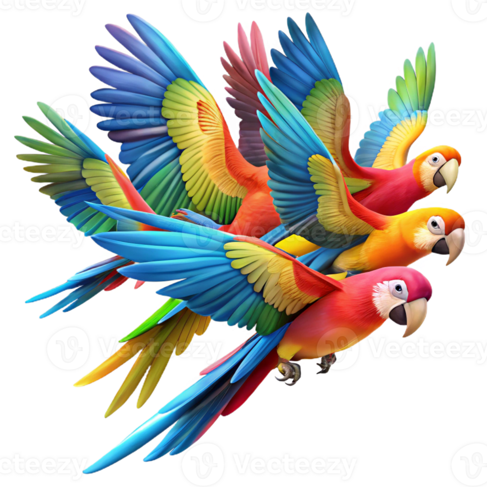dramatic traditional A vibrant flock of macaws in flight, their colorful feathers a riot of color against a clear sky, in a dynamic, impressionistic style detailed png