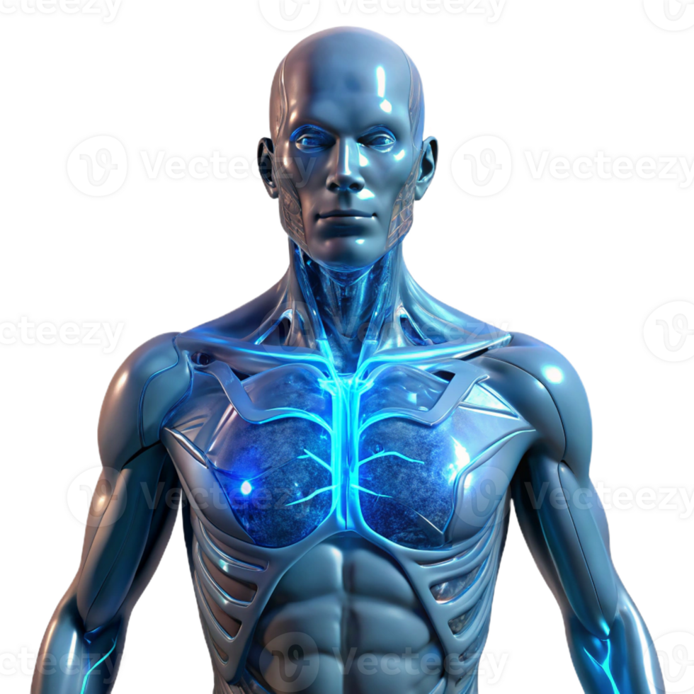 stunning creative A human torso with intricate circuitry woven into the musculature, ethereal blue glow, biopunk style original png