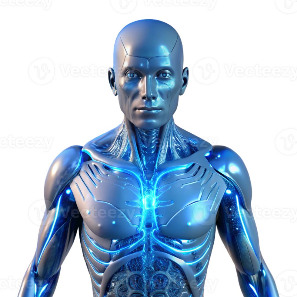 elegant artistic A human torso with intricate circuitry woven into the musculature, ethereal blue glow, biopunk style genuine png