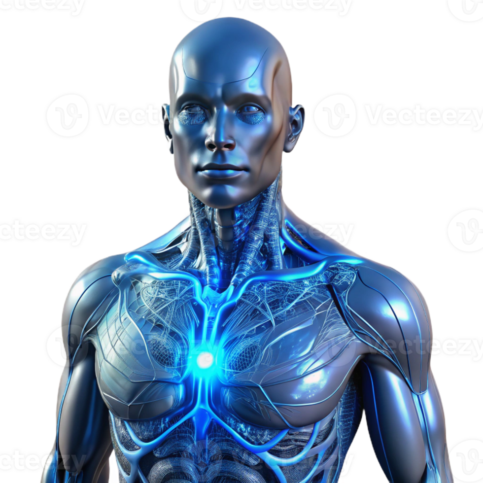 serene abstract A human torso with intricate circuitry woven into the musculature, ethereal blue glow, biopunk style exclusive png