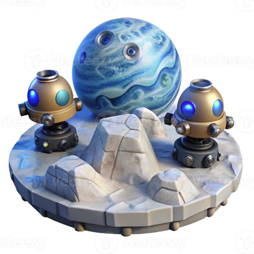 dramatic traditional A group of robotic probes exploring the icy surface of Europa, under the faint, blue light of Jupiter. Photorealistic style, scientific accuracy premium png